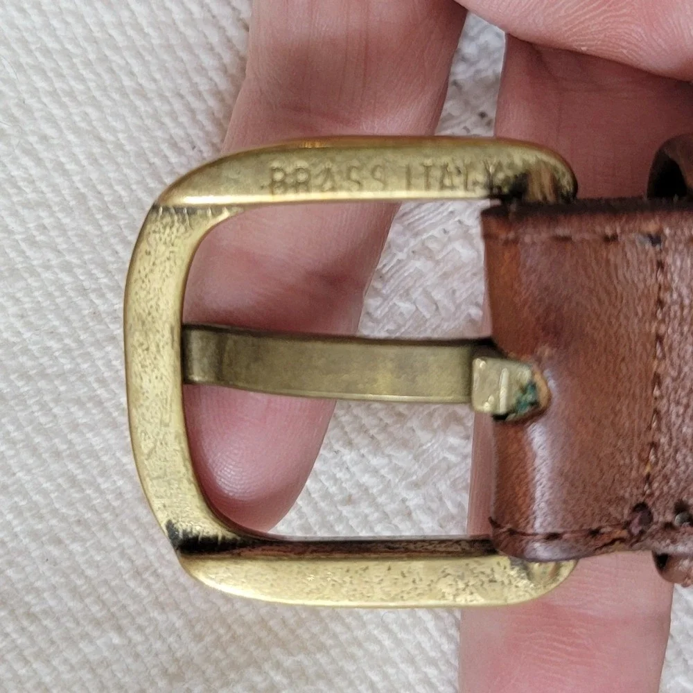 Mens Navy Red Striped Canvas Leather Belt Brass Italy Buckle Size 36 Preppy